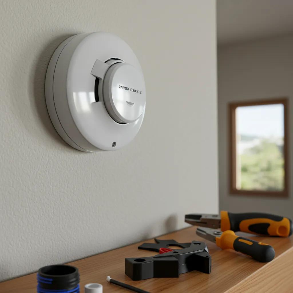 Carbon monoxide detector installed in a bedroom, demonstrating proper safety measures