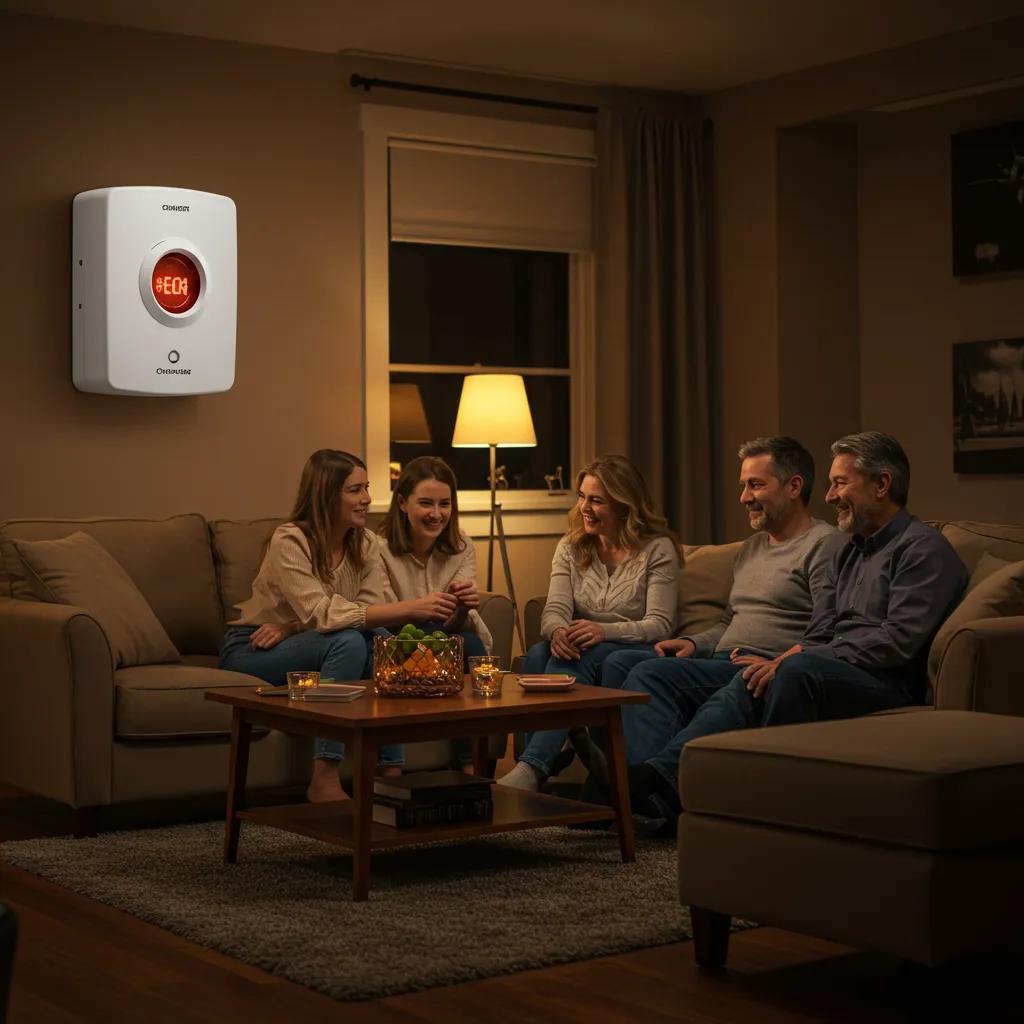 Family in a cozy living room with a visible carbon monoxide detector, highlighting home safety and awareness