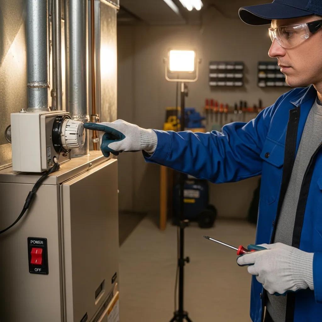 Expert Guide to Common Furnace Problems and Solutions 2 Technician checking a thermostat and furnace power switch — troubleshooting no-heat situations