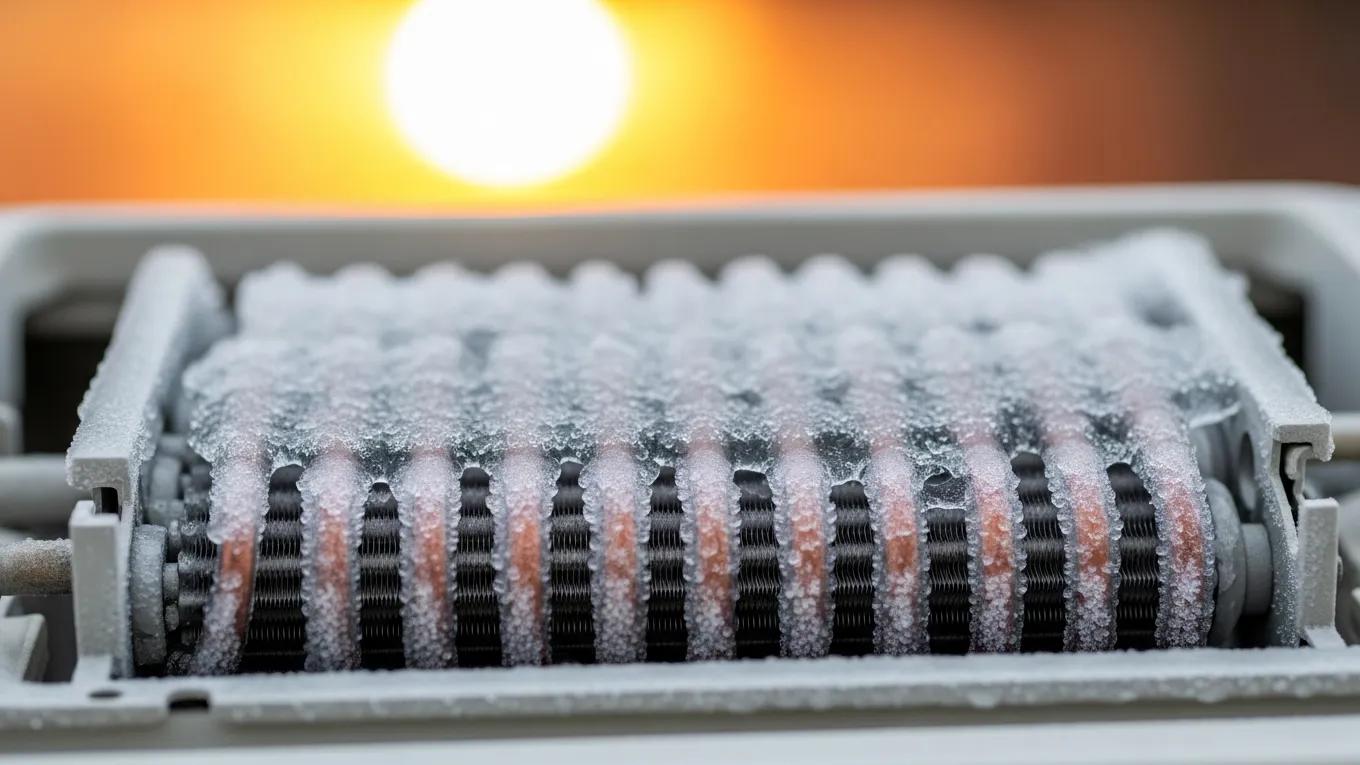Ice formation on evaporator coils indicating low refrigerant levels in air conditioning unit