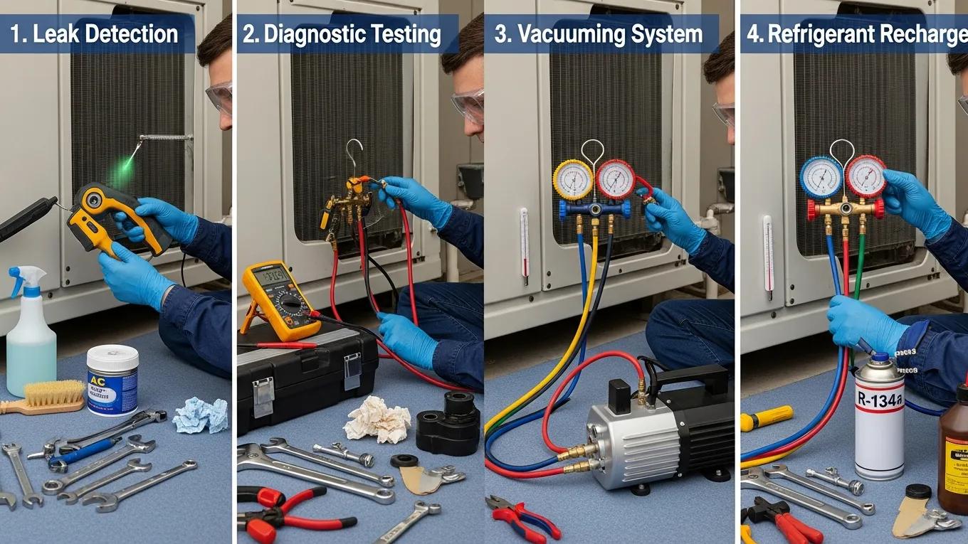 Recognize Low Refrigerant Symptoms for Your AC Efficiency 3 Step-by-step process of professional AC refrigerant recharge service with tools and technician