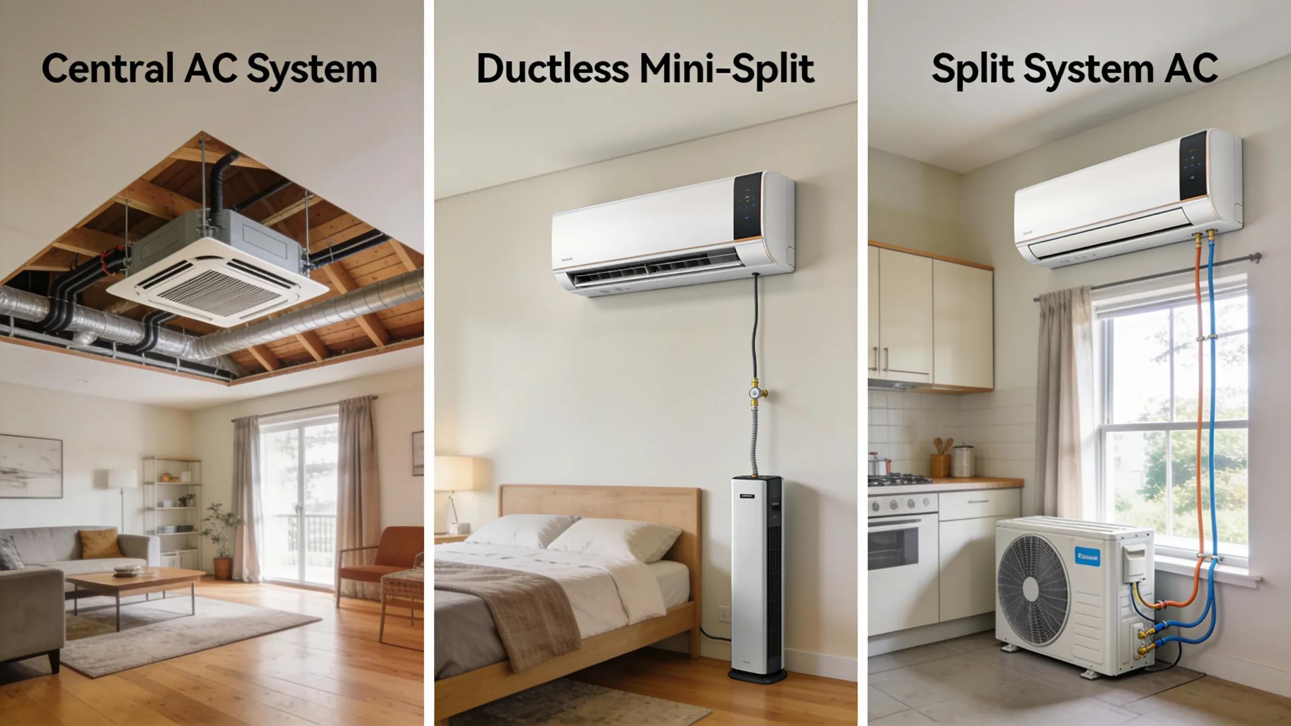What to Consider for Your New AC Unit Buying Journey 3 Illustration of central, ductless, and split system AC installations in home environments