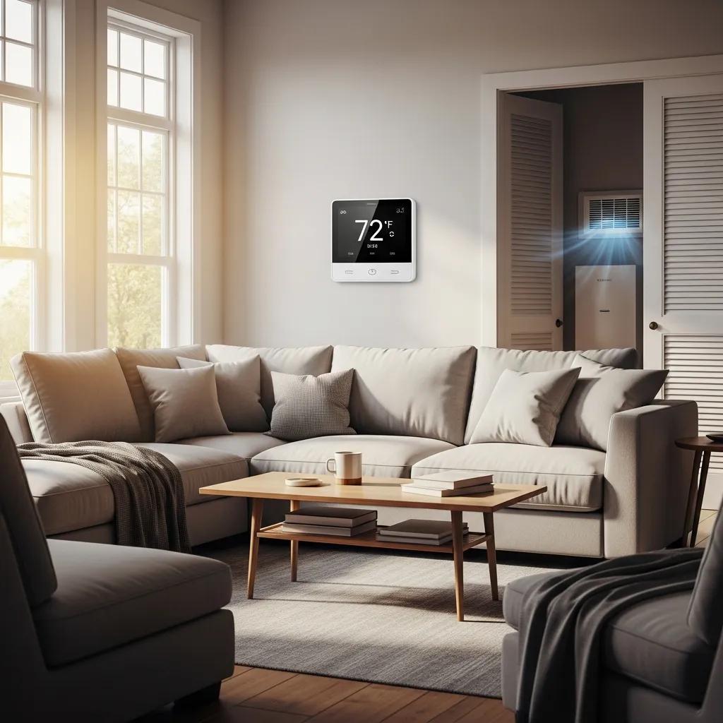 HVAC Blog 1 Cozy home interior with energy-efficient HVAC system and smart thermostat