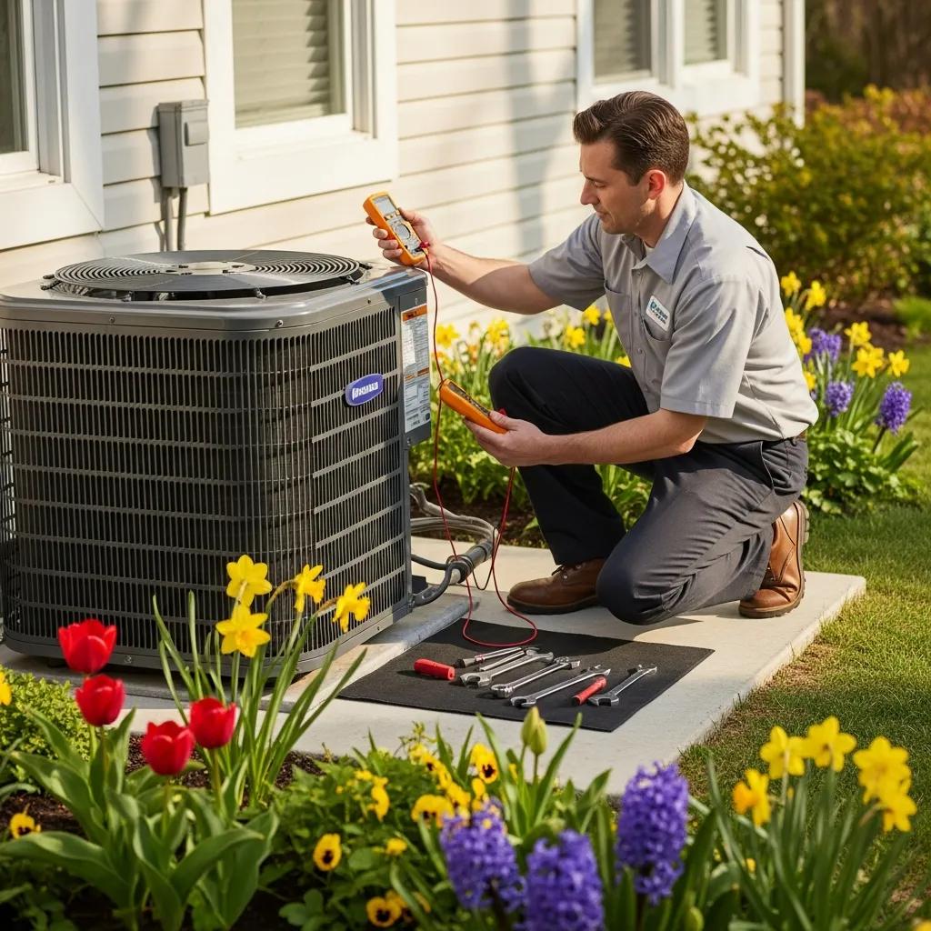 HVAC Blog 6 Technician performing a spring AC tune-up on a residential air conditioning unit in a sunny garden